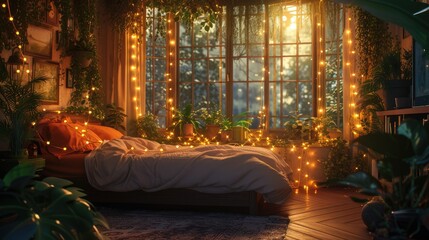 Cozy Urban Tropical Bedroom Illuminated by Fairy Lights.