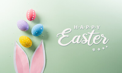 Easter party concept. Top view of easter bunny ears and colorful eggs on pastel background with...