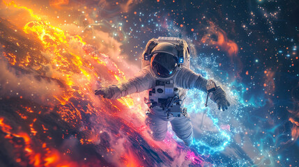 Capturing the intersection of human achievement and cosmic wonder, a cosmonaut is surrounded by the fiery beauty of space