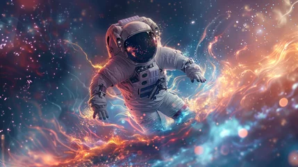 Foto op Canvas Capturing the intersection of human achievement and cosmic wonder, a cosmonaut is surrounded by the fiery beauty of space © Fxquadro