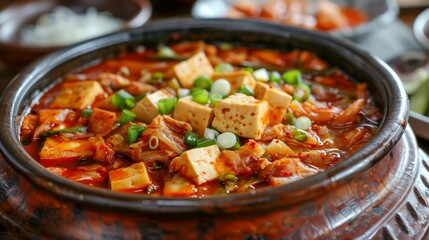 Spicy Traditional Korean Kimchi Jjigae Stew with Tofu and Vegetables in a Hot Pot Close-up