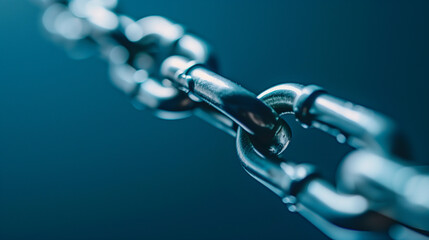 Closeup strong metal chain on a deep blue background (1) - obrazy, fototapety, plakaty