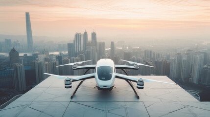 evtol futuristic passenger transport on the roof of a building overlooking the metropolis