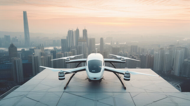 evtol futuristic passenger transport on the roof of a building overlooking the metropolis