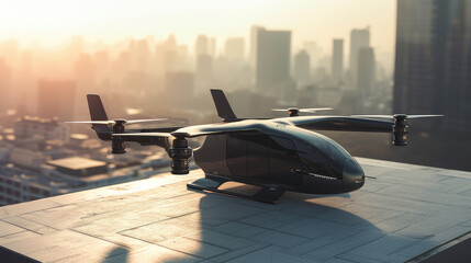evtol futuristic passenger transport on the roof of a building overlooking the metropolis