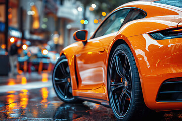 luxury modern orange sports car in city on the road. Taillight close up