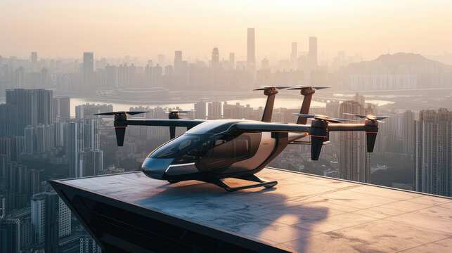 evtol futuristic passenger transport on the roof of a building overlooking the metropolis