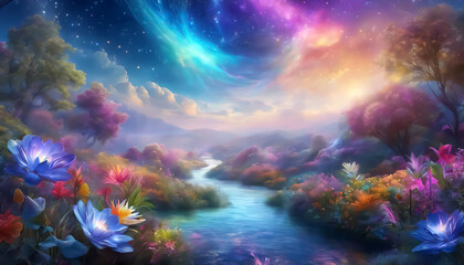 Obraz na płótnie Canvas Flower landscape. Fantastic colorful floral landscape. Made up scene