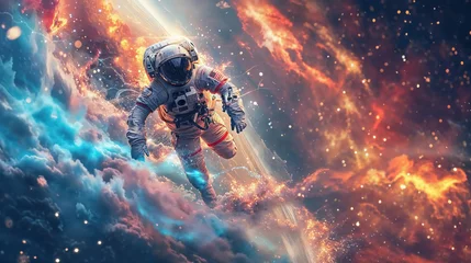 Zelfklevend Fotobehang An astronaut floats in space as he is surrounded by a vivid explosion of cosmic dust and stars, depicting a sense of adventure and exploration © Fxquadro