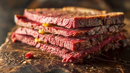 Sliced Grilled Steak Sandwich on Rustic Wooden Board, Juicy Beef Close Up, Food Photography