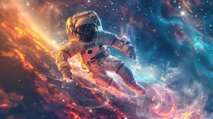 Fotobehang An astronaut is adrift in space among a brilliant display of a colorful nebula and cosmic energy © Fxquadro