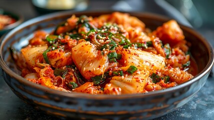 Spicy Korean Kimchi with Fresh Green Onions in a Ceramic Bowl on Dark Background