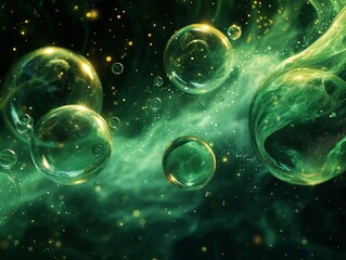 Abstract green bubbles floating in the air with gold and green lights on black background