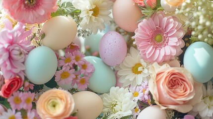 Fototapeta na wymiar Frame of colorful Easter eggs encircling a bouquet of fresh blooms, adding a touch of seasonal charm.