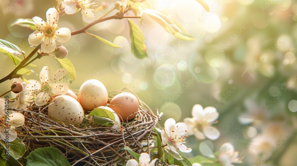 Poster a nest with eggs in it on a tree branch, ai