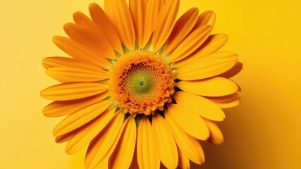 One yellow calendula flower on a yellow monochrome background. View from above, - obrazy, fototapety, plakaty