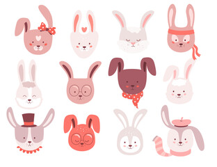 Funny bunny characters cute rabbit faces design elements set for greeting cards decoration