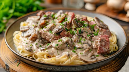Creamy Beef Stroganoff with Mushrooms and Parsley on Spaghetti Pasta - Gourmet Meal on Wooden Table