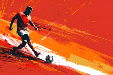 illustration of a soccer player in flat style on a red background with space for text, soccer player skillfully handles the ball
