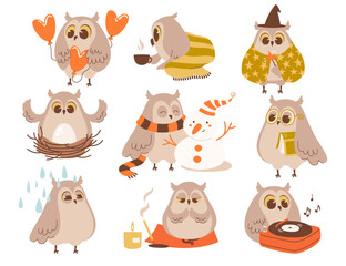 Cartoon owl cute bird characters different position engaged in various activity vector illustration