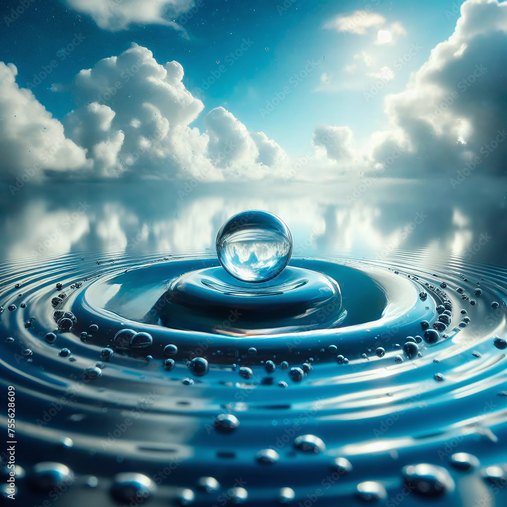 Poster water drop on water surface with sky and clouds. 3d rendering