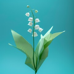 Fototapeta na wymiar Origami, beautiful lily of the valley made from paper on blue background
