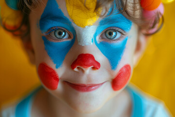 girl with blue eyes and a clown face paint, wearing a colorful outfit and a rainbow hat. A small child with bright makeup on his face and a playful, personifying the spirit of a carnival or holiday