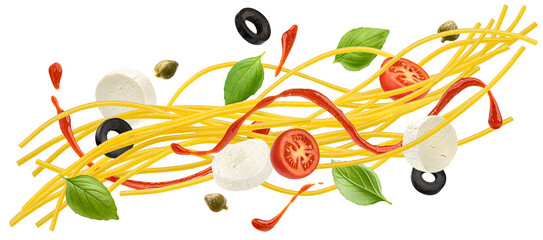 Falling spaghetti with tomato sauce, mozzarella and basil isolated on white background - 755628632