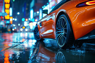 luxury modern orange sports car in city on the road at night with rain. Taillight close up - obrazy, fototapety, plakaty