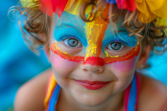 Girl With Blue Eyes And A Clown Face Paint, Wearing A Colorful Outfit And A Rainbow Hat. A Small Child With Bright Makeup On His Face And A Playful, Personifying The Spirit Of A Carnival Or Holiday