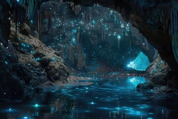 An underground cave system illuminated by bioluminescent insects hiding ancient dragon eggs - obrazy, fototapety, plakaty