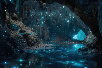 Fotobehang An underground cave system illuminated by bioluminescent insects hiding ancient dragon eggs © AI Farm