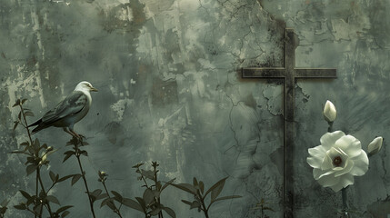 grey canvas with the presence of a crucifix, a white pigeon, and delicate white flowers