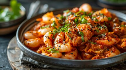 Spicy Garlic Shrimp Stir Fry with Fresh Herbs on Dark Rustic Background, Seafood Dish Closeup