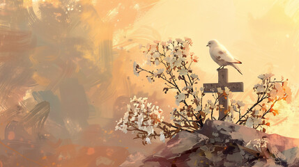 A Holy Week Tribute featuring a Crucifix, White Pigeon, and Delicate White Flowers