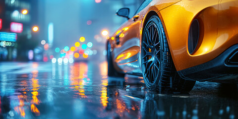 luxury yellow sports car in city on road at night with rain. Back rear wheel on wet slippery asphalt