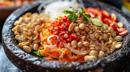 Delicious Traditional Asian Rice Dish with Peanuts, Fresh Herbs, Spicy Chilies, and Savory Sauces...