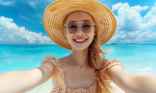 Young woman at the beach taking a selfie picture doing the thumbs up gesture, during summer with beautiful sea in background