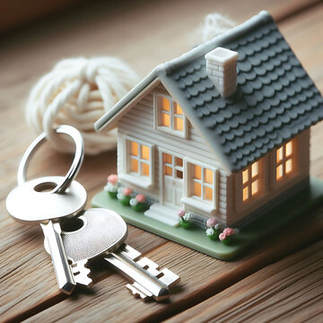 A miniature model of a cozy tiny house with a set of silver keys placed beside it ,A miniature model of a cozy tiny house with a set of silver keys placed beside it, symbolizing the concept of purchas