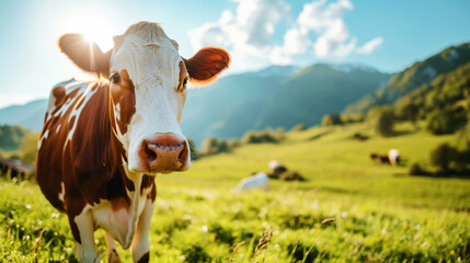 A well-groomed cow on green meadow on a sunny day. Organic dairy products concept. Agricultural landscape. Generative AI