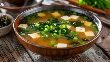 Fresh Homemade Miso Soup with Tofu, Seaweed, and Green Onions in Rustic Bowl on Wooden Table