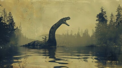 Old retro photo of loch ness creature. Underwater monster swim in lake. Vintage illustration art. Scary mysterious nessie dinosaur. Unreal myth animal. Legend of lochness reptile. - obrazy, fototapety, plakaty