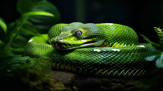 Green tree python profile portrait close up,Green tree python (Morelia viridis) close-up. Portrait art.Zoo Tales Unfold Heartwarming Stories Behind the Animals in Captivity