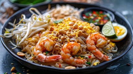 Traditional Thai Pad Thai with Shrimp, Egg, Bean Sprouts, and Peanuts on Dark Table, Authentic Asian Cuisine