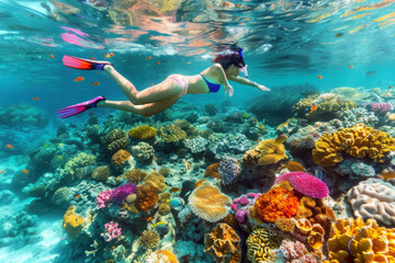 Naklejka na ściany i meble Underwater Exploration: Woman Snorkeling Amongst Colorful Fish in a Coral Reef