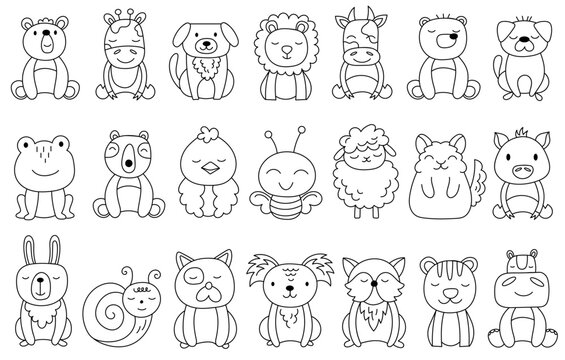 Cute doodle little animals, birds, insects outline coloring graphic drawing set vector illustration