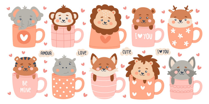 Cute funny animals sitting inside cups showing love emotion and adoration isolated kawaii set
