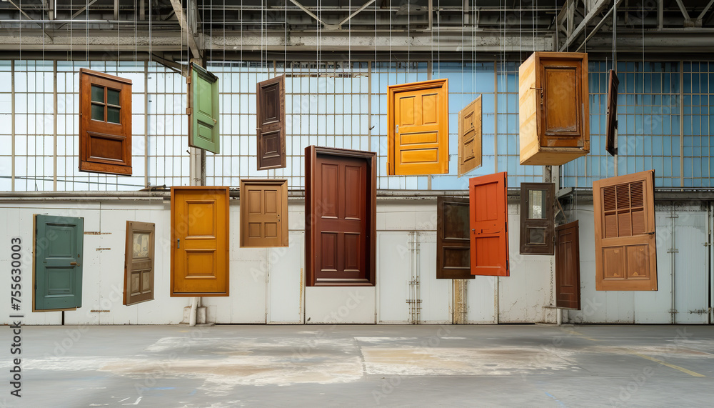 Poster Doors of diverse designs hang suspended in air - inviting one to explore the boundless realms of imagination and possibility - wide format