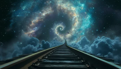 Foto op Plexiglas A train track spiraling upwards into a starry abyss - wide format © Davivd