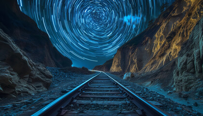 Train tracks daringly spiral upwards - leading into an endless starry abyss - journeying into the depths of imagination's mysteries - wide format - obrazy, fototapety, plakaty